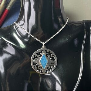Vintage Taxco turquoise chip punctured sterling silver medallion necklace